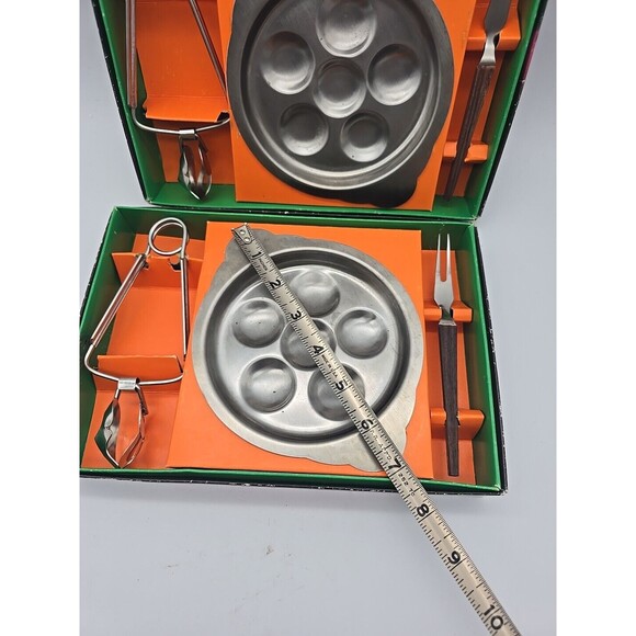 MCM Escargot Serving 2 sets of 3 pc set Stainless Steel Plate, Tongs, Fork Boxed - Picture 3 of 12